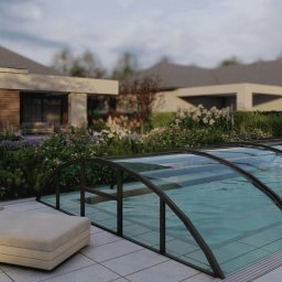 Projekt ogrodu pod Wrocławiem z zadaszonym basenem - nowoczesna strefa relaksu z tarasem, zielenią ozdobną i funkcjonalnym zagospodarowaniem przestrzeni.