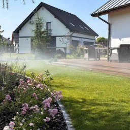 Realizacja projektu ogrodu we Wrocławiu - trawnik z automatycznym nawadnianiem, rabaty bylinowe oraz strefa tarasowa przy domu jednorodzinnym.