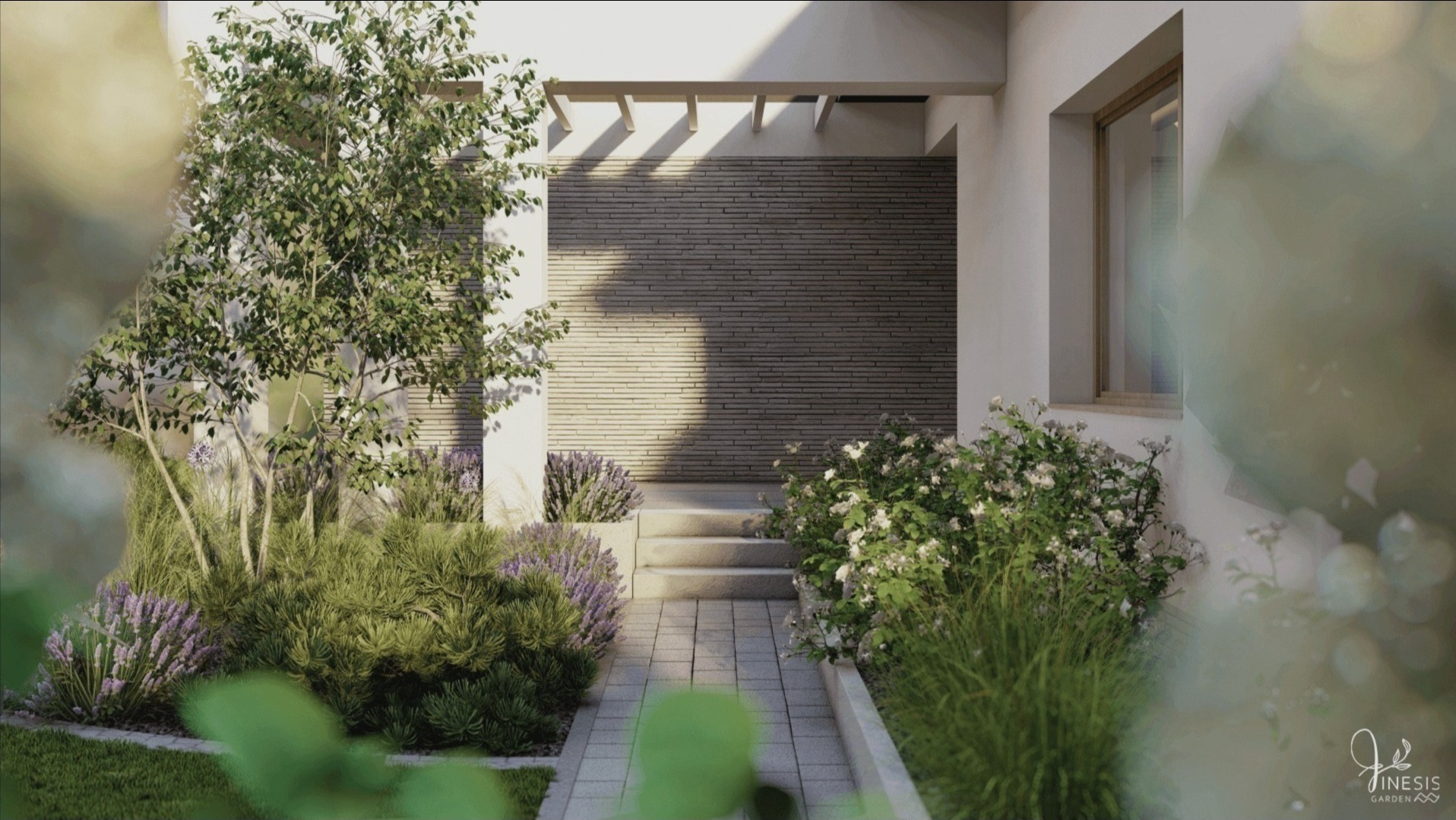 Ścieżka komunikacyjna wokół domu - kompozycja traw i bylin