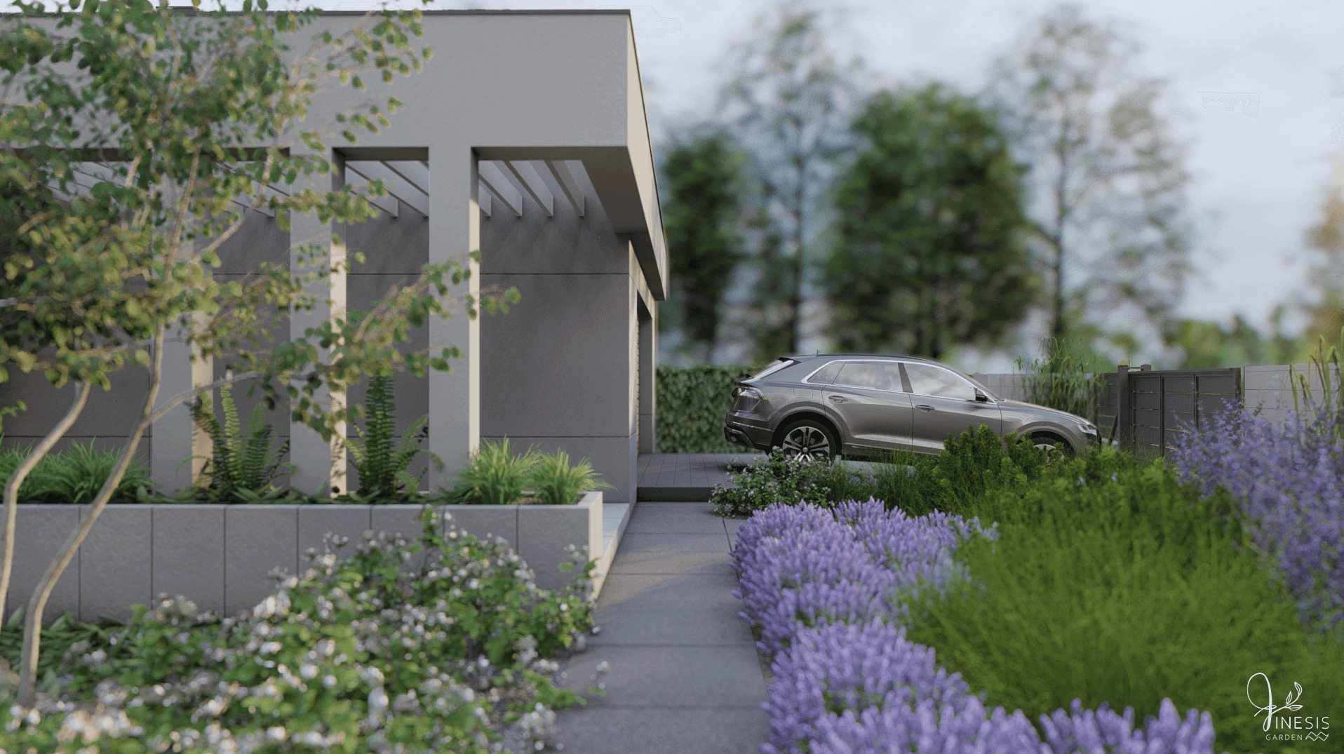 Wizualizacja nowoczesnego domu z szarą elewacją, ścieżką i bujną roślinnością: lawenda, trawy ozdobne, drzewa. Szary SUV zaparkowany obok. Projekt strefy wejściowej.