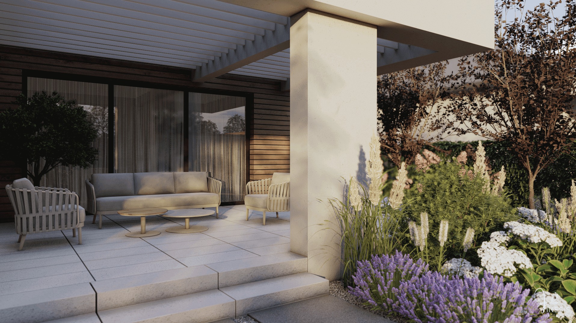 Zadaszony taras z rabatami bylinowymi i trawami ozdobnymi tworzący elegancką strefę relaksu przy domu.