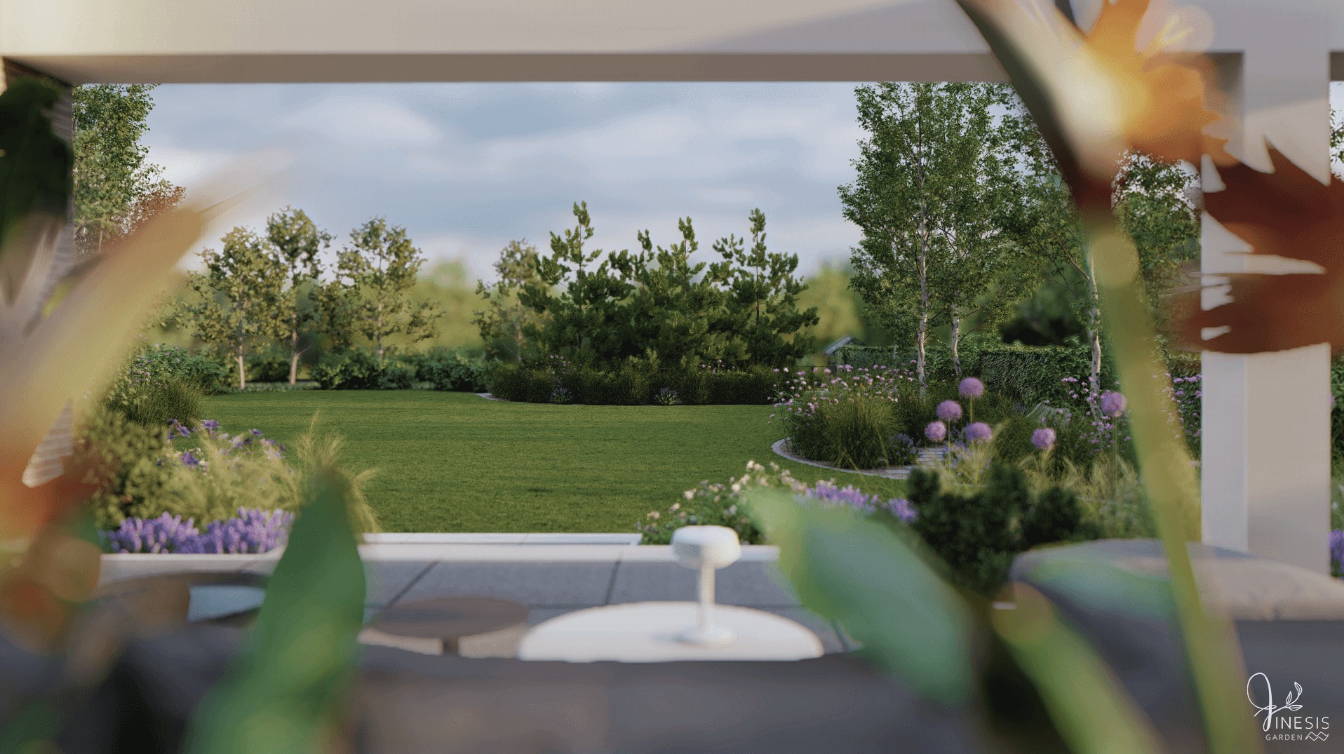 Wizualizacja ogrodu we Wrocławiu z perspektywy tarasu. Bujna zieleń trawnika, rabaty kwiatowe i drzewa tworzą harmonijną przestrzeń. Elementy małej architektury.