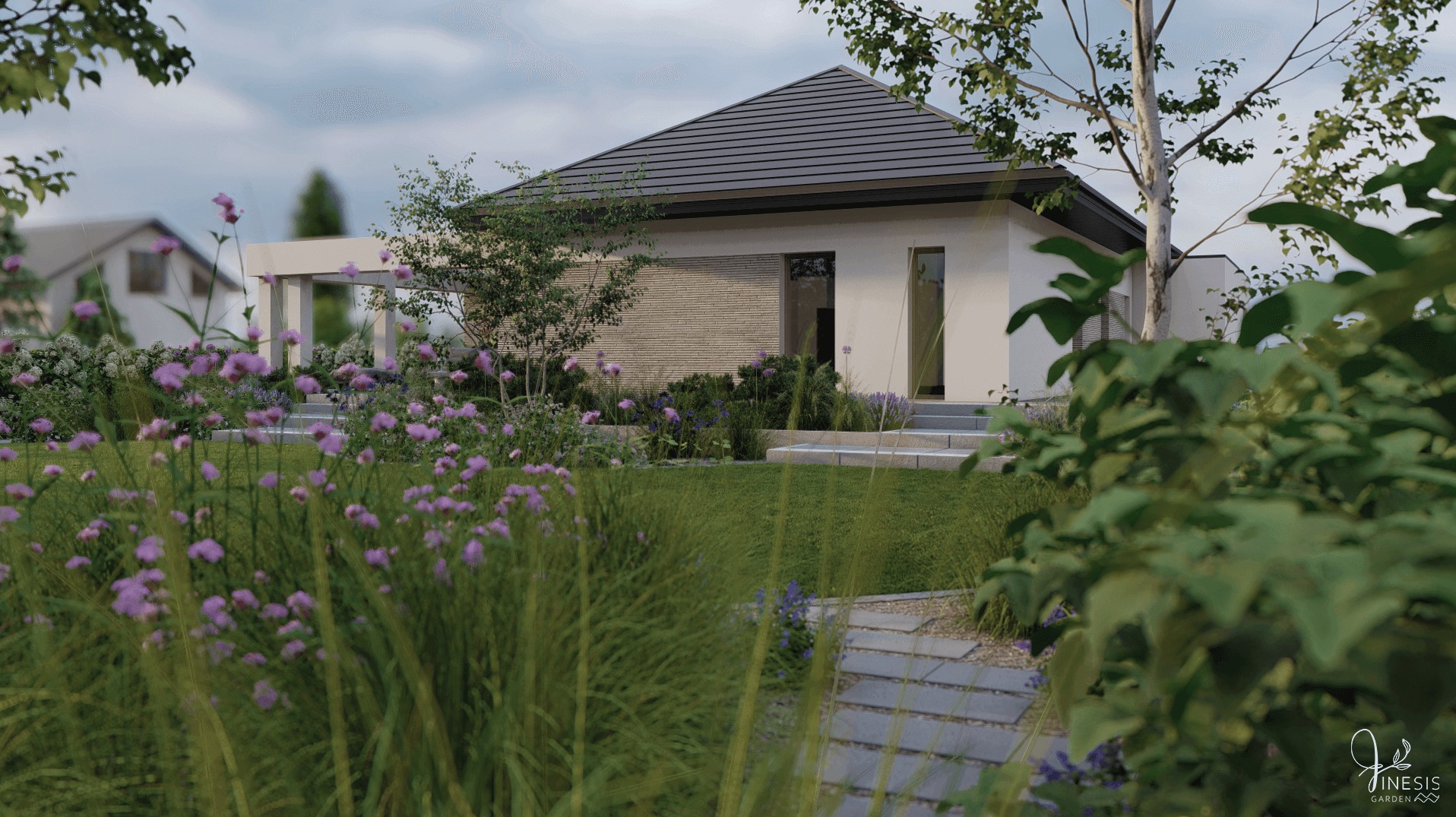 Wizualizacja ogrodu z rabatami bylinowymi przy nowoczesnym domu. Ścieżka z płyt prowadzi przez strefę wypoczynkową. Ujęcie z poziomu gruntu, z bliska na kwiaty.