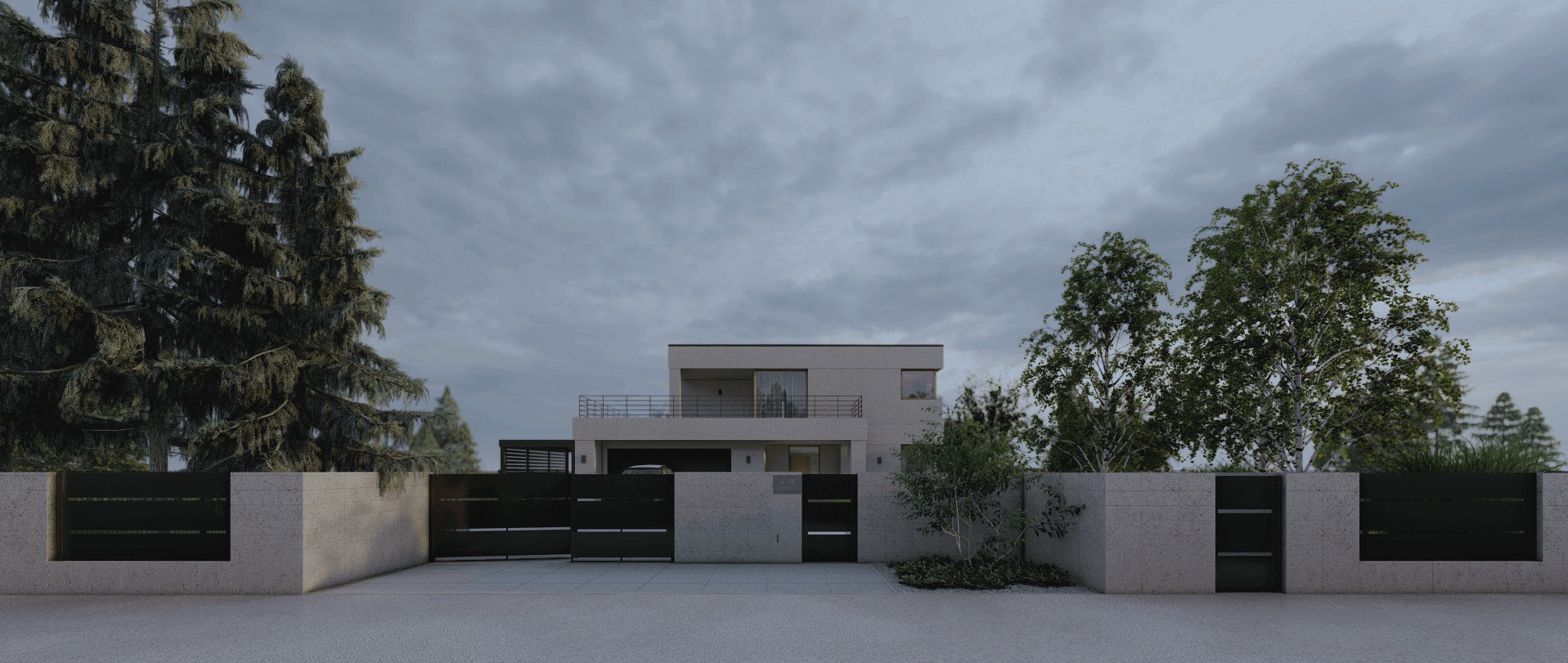 Wizualizacja nowoczesnego domu z minimalistycznym ogrodzeniem frontowym, dopasowaną zielenią i uporządkowaną strefą wejściową. Stonowana kolorystyka, pochmurne niebo.