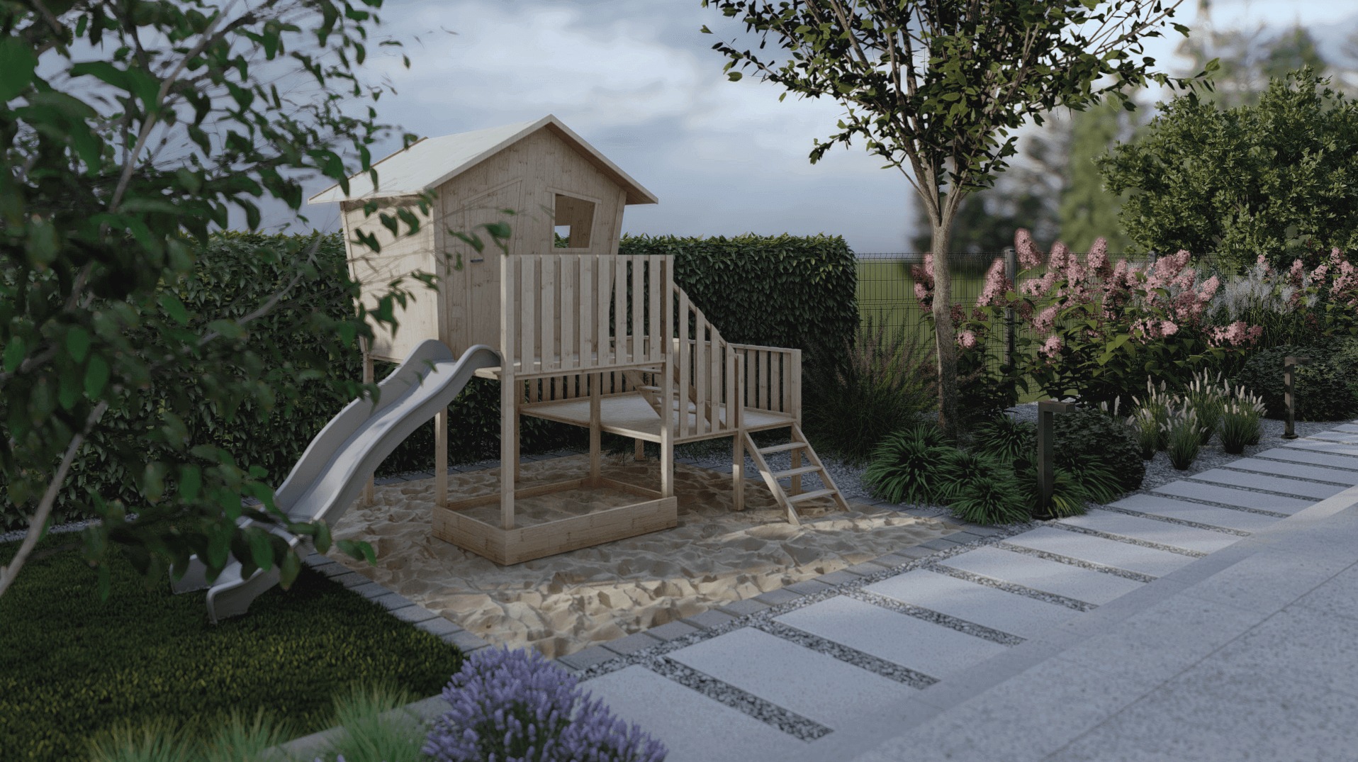 Drewniany plac zabaw z domkiem, zjeżdżalnią i piaskownicą, otoczony zielenią i kamienną ścieżką w ogrodzie. Projekt strefy rekreacyjnej dla dzieci.