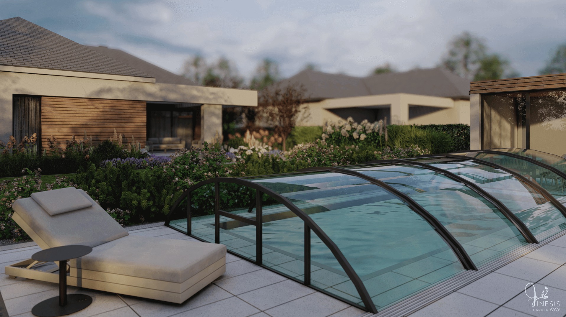 Nowoczesny ogród z zadaszonym basenem, leżakiem i stolikiem kawowym. W tle budynki mieszkalne i ozdobna roślinność. Wizualizacja projektu zagospodarowania przestrzeni.