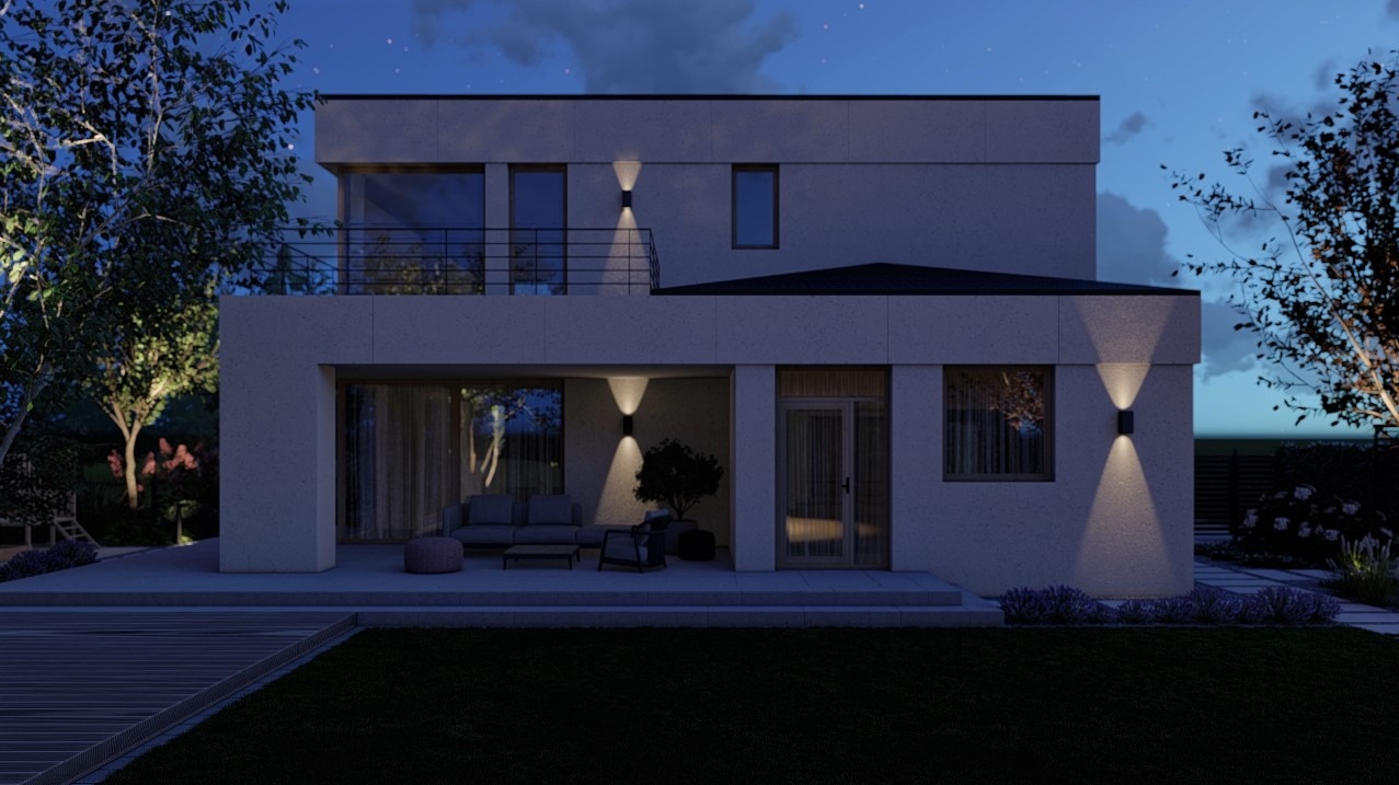 Wizualizacja ogrodu nocą - oświetlenie elewacji, tarasu i strefy wypoczynkowej podkreślające klimat ogrodu po zmroku.