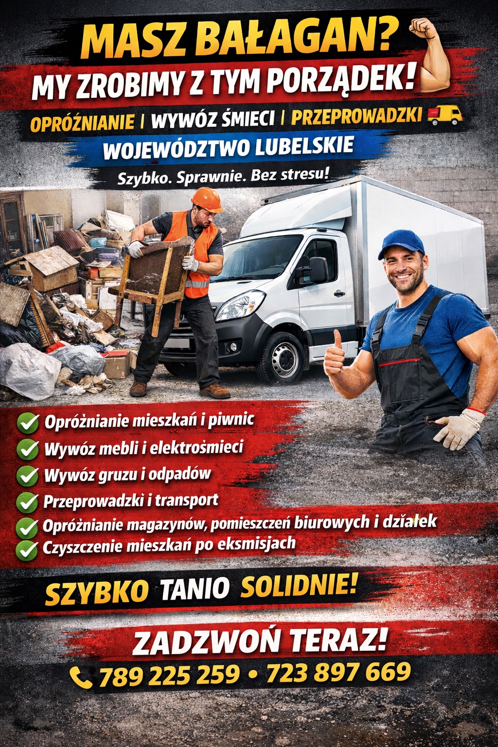 Plakat reklamowy: Opróżnianie mieszkań i wywóz śmieci w województwie lubelskim. Pracownik w kasku niesie krzesło, obok uśmiechnięty mężczyzna z uniesionym kciukiem.