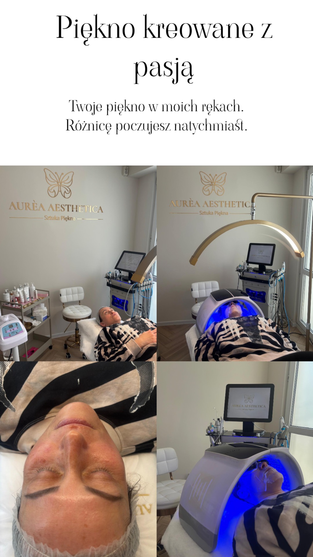 Kolaż zdjęć z salonu kosmetycznego: klientka podczas zabiegu na twarz z użyciem specjalistycznego sprzętu. Widoczne logo salonu 'Aurea Aesthetica'.