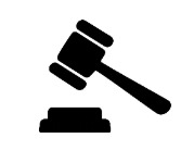 Czarno-biała ikona: sędziowski młotek spoczywający na podstawie. Symbol sprawiedliwości i prawa, minimalistyczny design, wyraźne kontury.