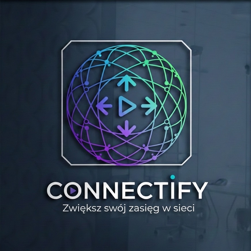 Grafika Connectify: glob z siecią, strzałki, nazwa firmy i hasło 'Zwiększ swój zasięg w sieci' na ciemnym tle. Gradientowe kolory, nowoczesny design.