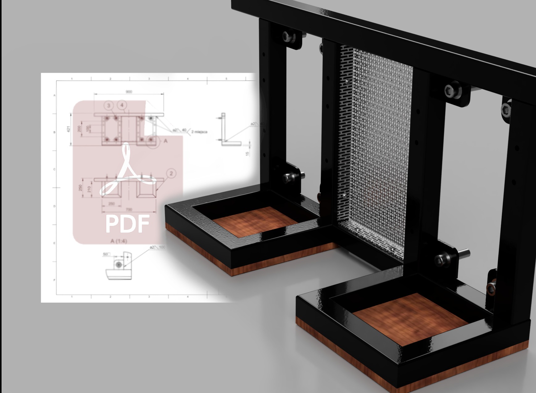 Model 3D konstrukcji stalowej z siatką, widoczny na tle rysunek techniczny PDF. Czarno-brązowa kolorystyka, precyzyjne detale, render z bliska.