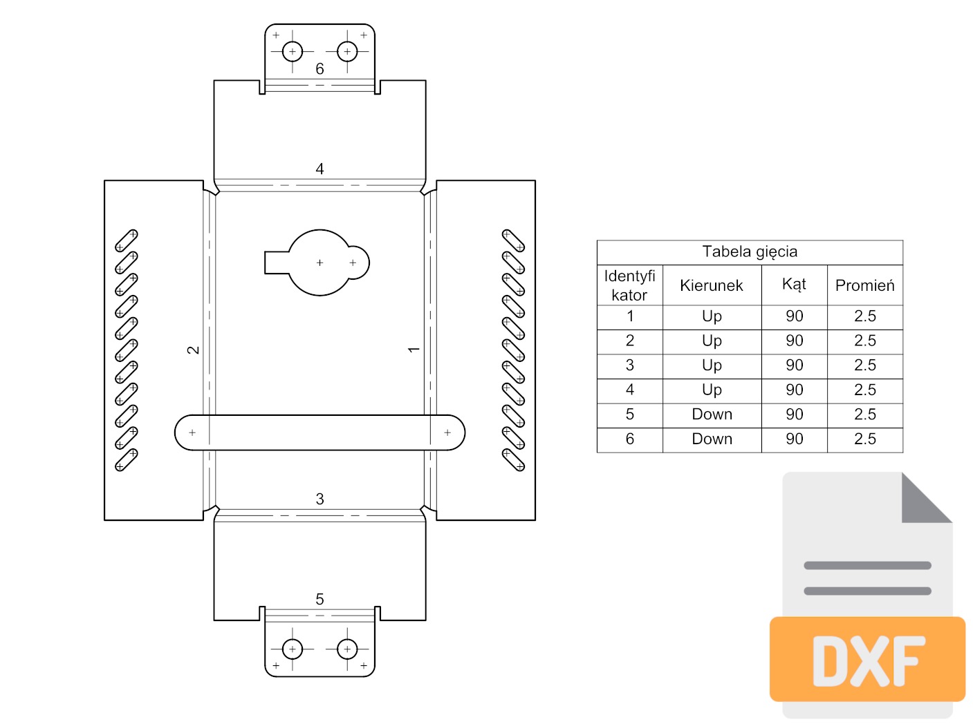 Schemat rozłożonej konstrukcji z tabelą gięcia i ikoną pliku DXF. Widok z góry, czarno-biała grafika.