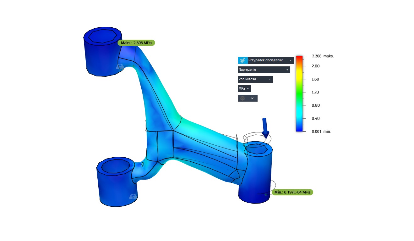 Symulacja MES elementu konstrukcyjnego z zaznaczonym rozkładem naprężeń, widoczne wartości maksymalne i minimalne, skala kolorów i ustawienia symulacji.