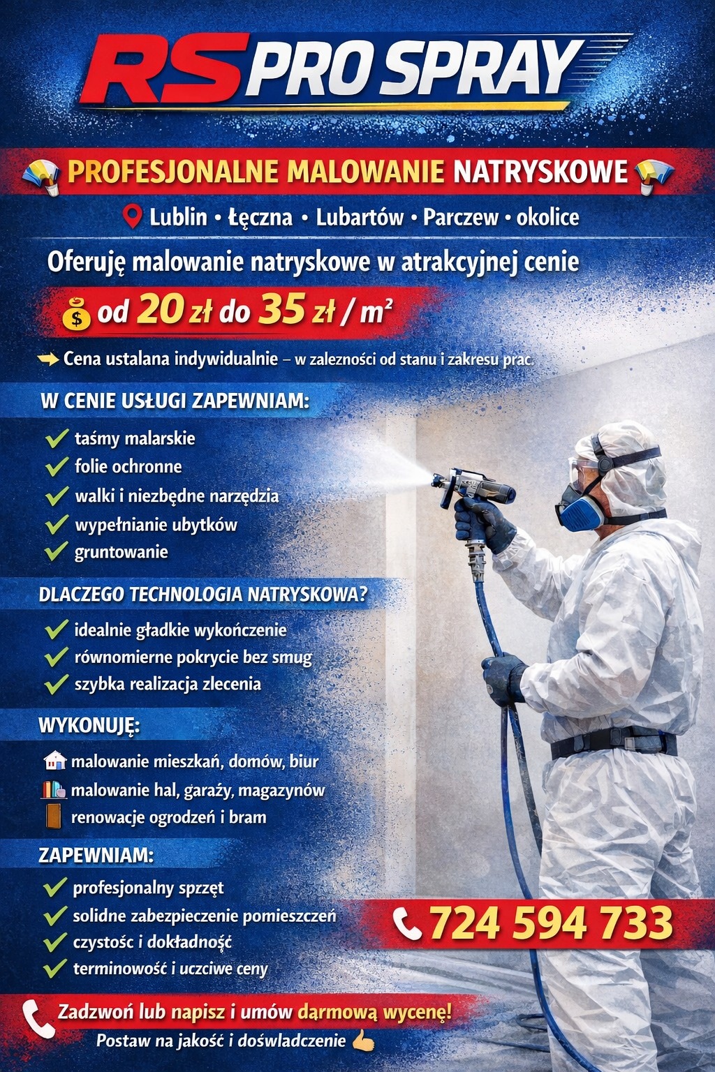 Profesjonalne malowanie natryskowe: Lublin, Łęczna, Lubartów, Parczew i okolice. Atrakcyjne ceny od 20 zł do 35 zł/m2. Zapewniamy solidne zabezpieczenie pomieszczeń.