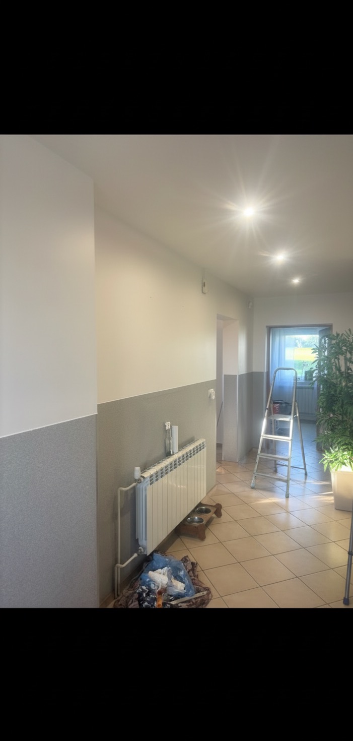 Wnętrze po częściowym odświeżeniu: ściany pomalowane na biało powyżej szarej lamperii, grzejnik, drabina malarska i roślina doniczkowa w tle. Widok na korytarz.