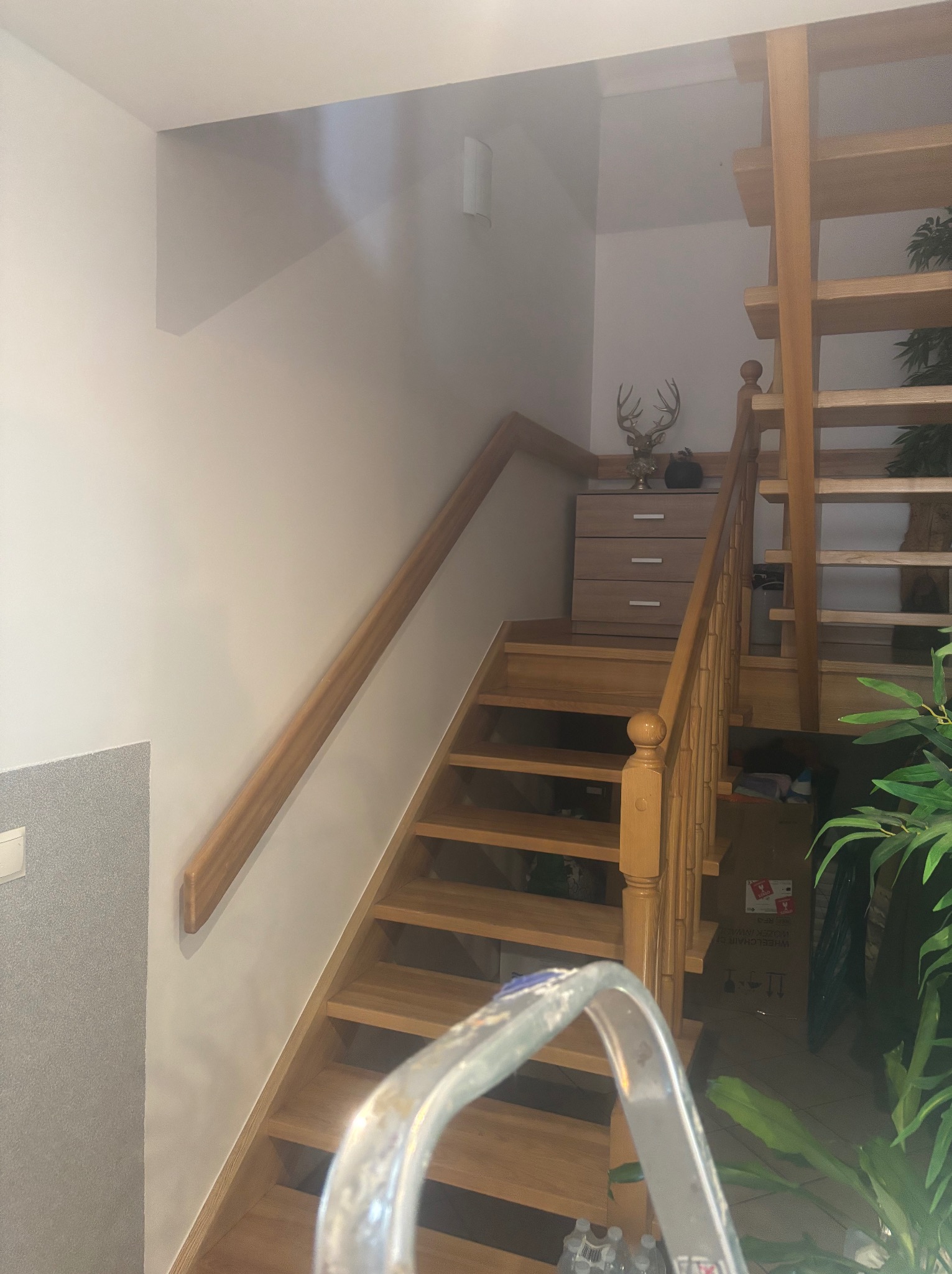 Drewniane schody z balustradą w jasnym wnętrzu domu. Widoczny fragment ściany po lewej stronie i roślina doniczkowa po prawej. U góry komoda z dekoracją.