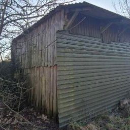 Ekspres Multiserwis - Stary, drewniany budynek gospodarczy z blachy falistej na dachu, otoczony suchą trawą i drzewami bez liści, w tle widoczny dom.