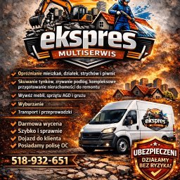 Ekspres Multiserwis - Grafika reklamowa firmy 'Ekspres Multiserwis' z wyburzeniami, opróżnianiem, transportem i myciem. Na pierwszym planie biały bus z logo firmy.