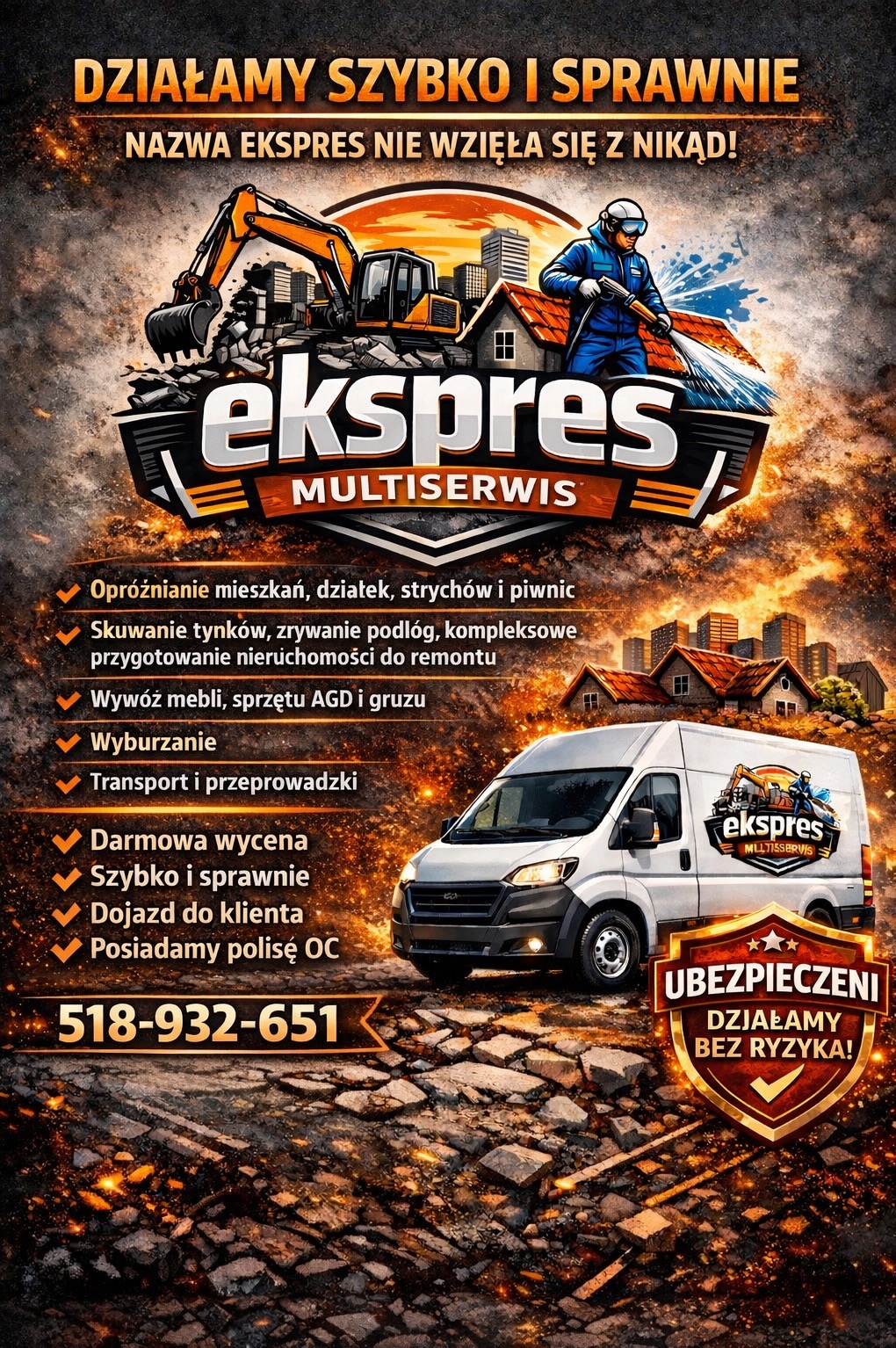 Grafika reklamowa firmy 'Ekspres Multiserwis' z wyburzeniami, opróżnianiem, transportem i myciem. Na pierwszym planie biały bus z logo firmy.