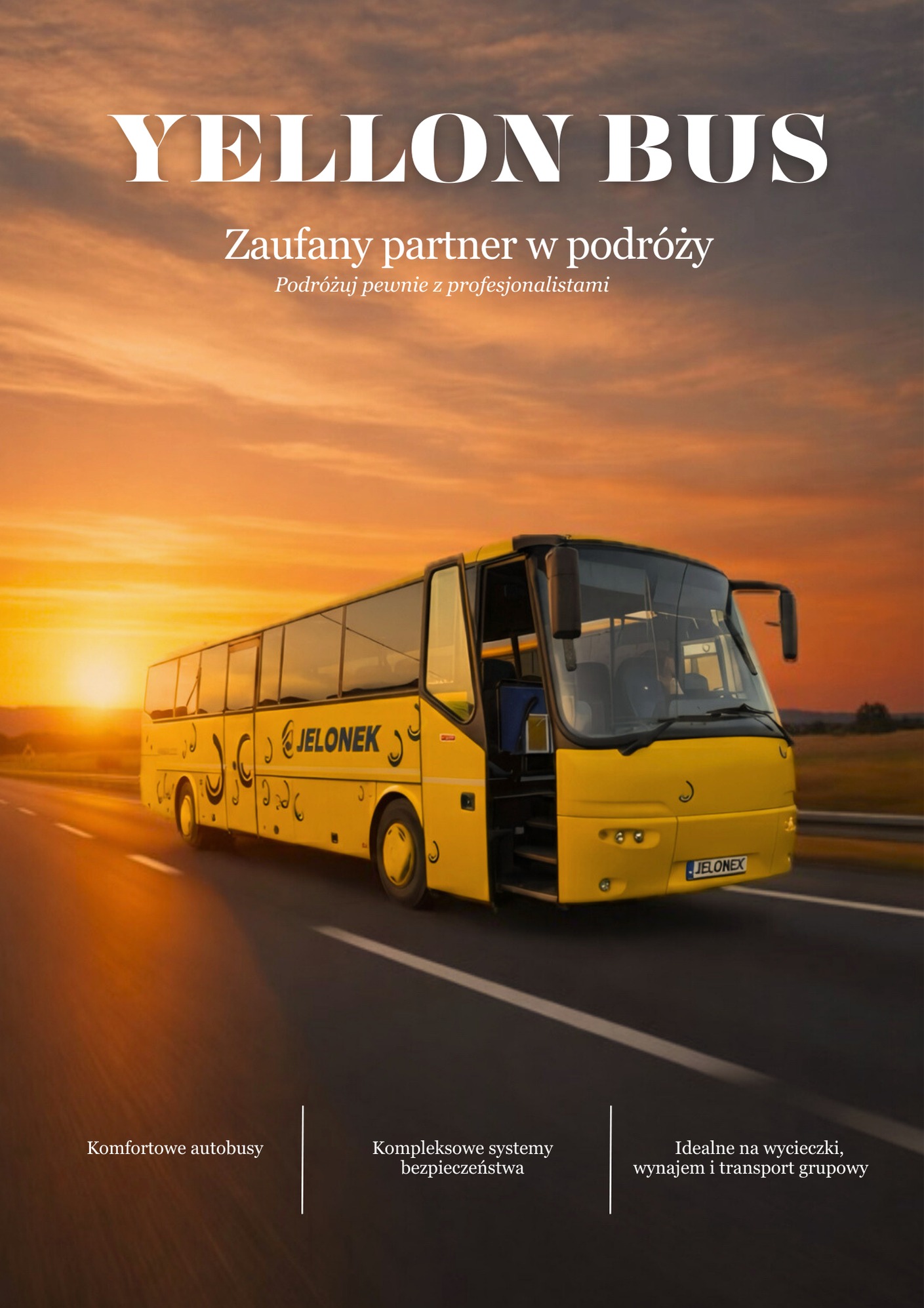 Żółty autokar marki Jelonek na drodze o zachodzie słońca. Reklama firmy przewozowej z hasłem 'Zaufany partner w podróży'.