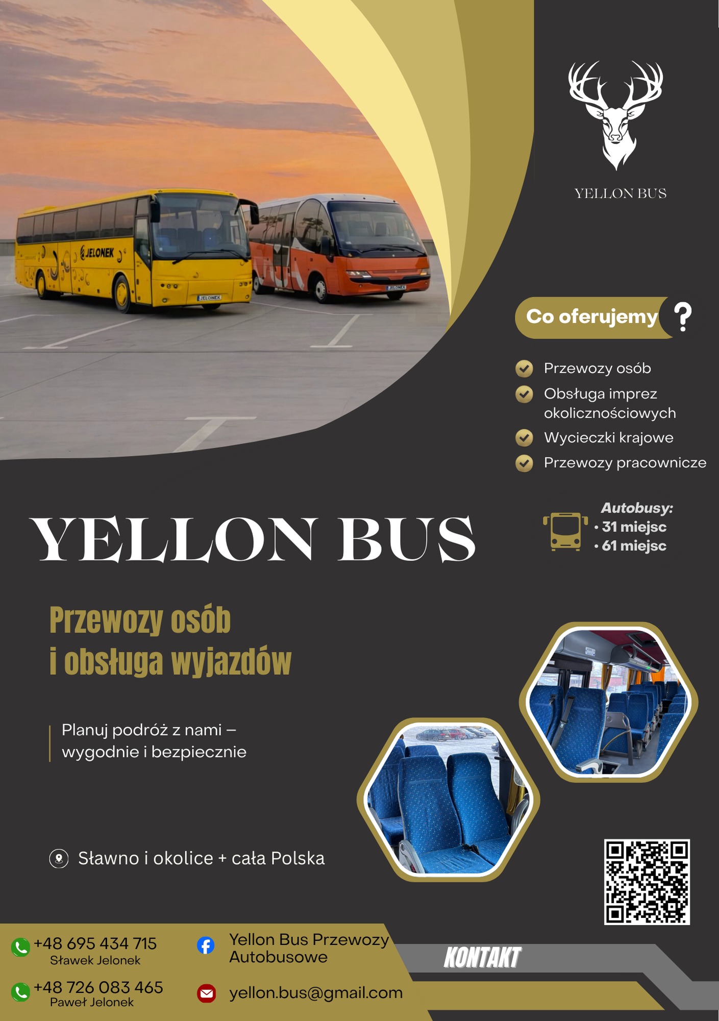 Grafika reklamowa Yellon Bus z dwoma autobusami na parkingu o zachodzie słońca, oferująca przewozy osób, obsługę imprez i wycieczki. Kontakt i QR kod.