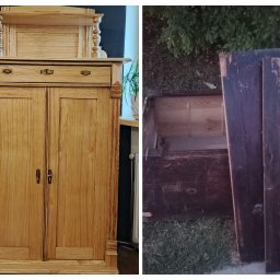 Zdjęcie 'przed i po' renowacji: po lewej odnowiona, jasna, drewniana szafa z szufladą i zdobieniami, po prawej stara, ciemna skrzynia z odseparowanymi drzwiczkami.