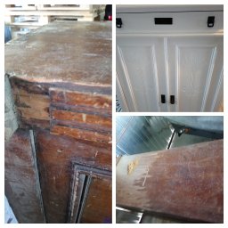 Kolaż: fragment zniszczonego, brązowego mebla z ubytkami, białe odnowione drzwi szafy z czarnymi uchwytami, fragment blatu mebla w trakcie renowacji.