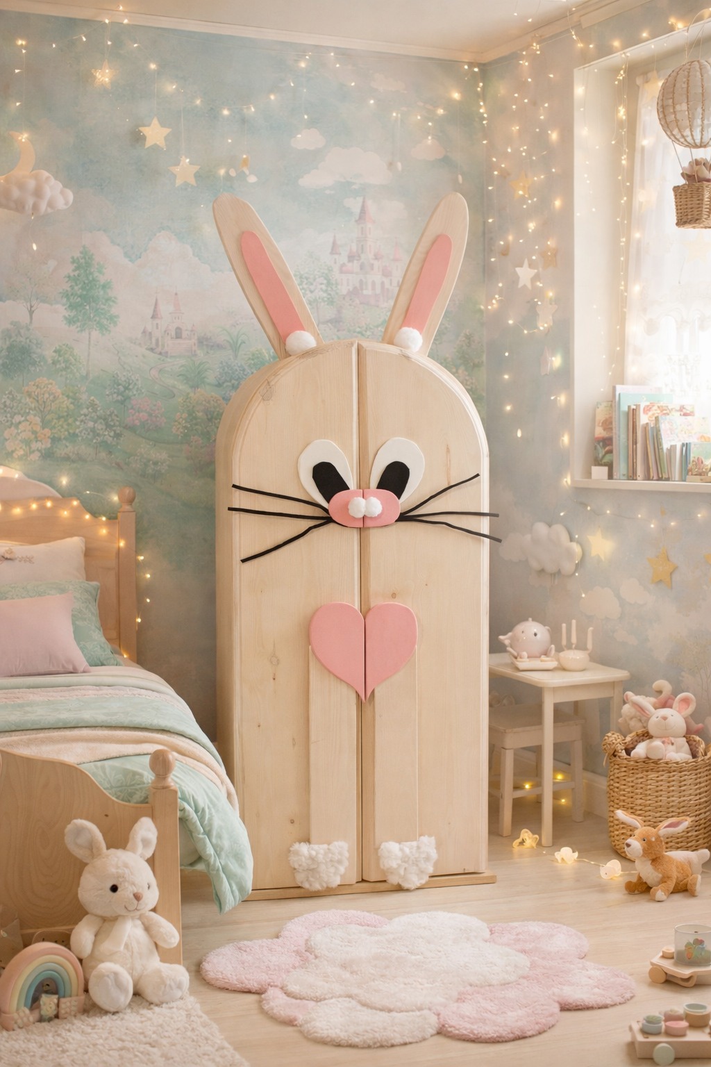 Dziecięcy pokój z łóżkiem i szafą w kształcie królika z filcowymi detalami: oczami, wąsami i sercem. Pastelowe kolory, bajkowy klimat, dekoracyjne lampki.