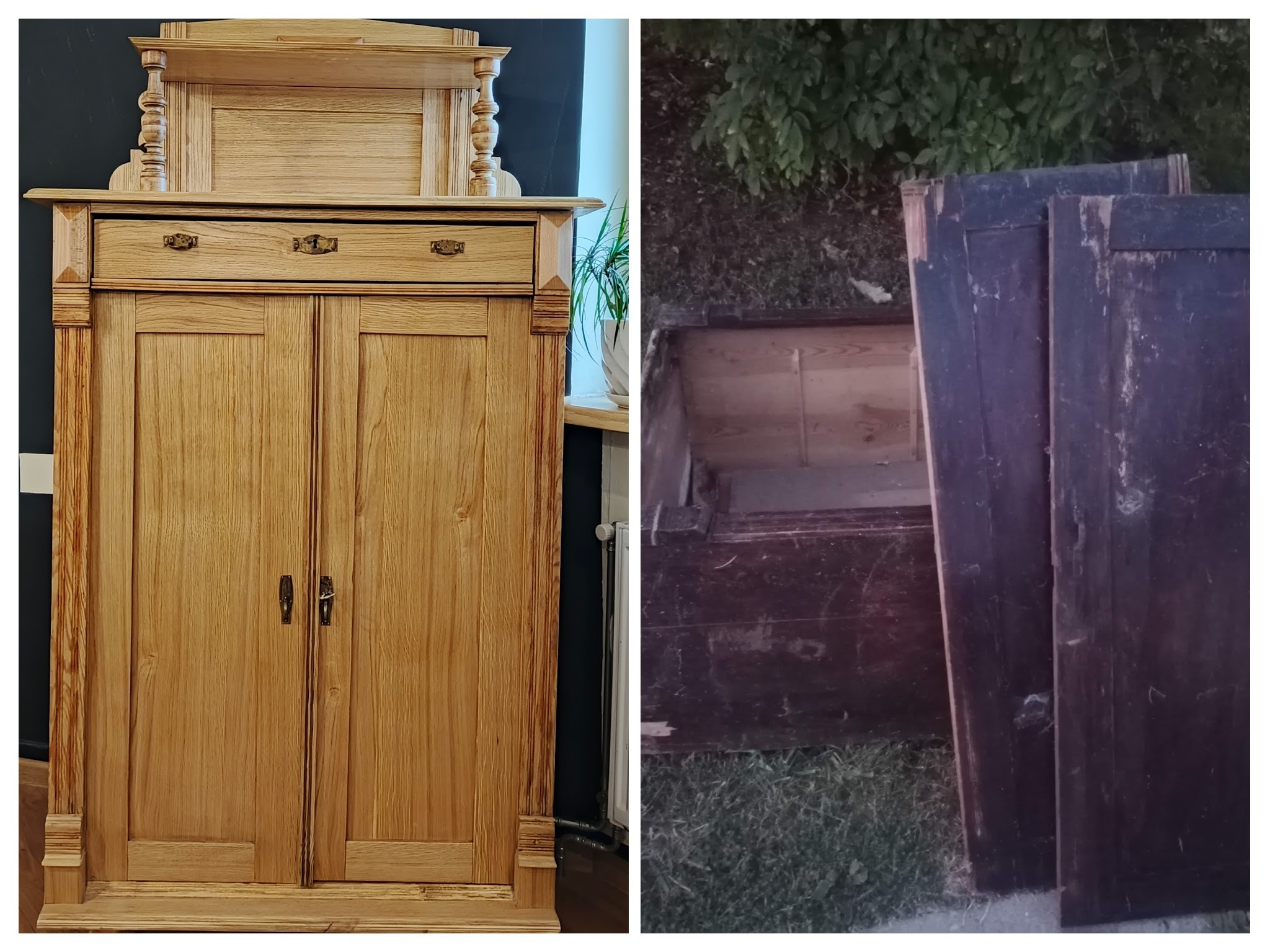 Zdjęcie 'przed i po' renowacji: po lewej odnowiona, jasna, drewniana szafa z szufladą i zdobieniami, po prawej stara, ciemna skrzynia z odseparowanymi drzwiczkami.