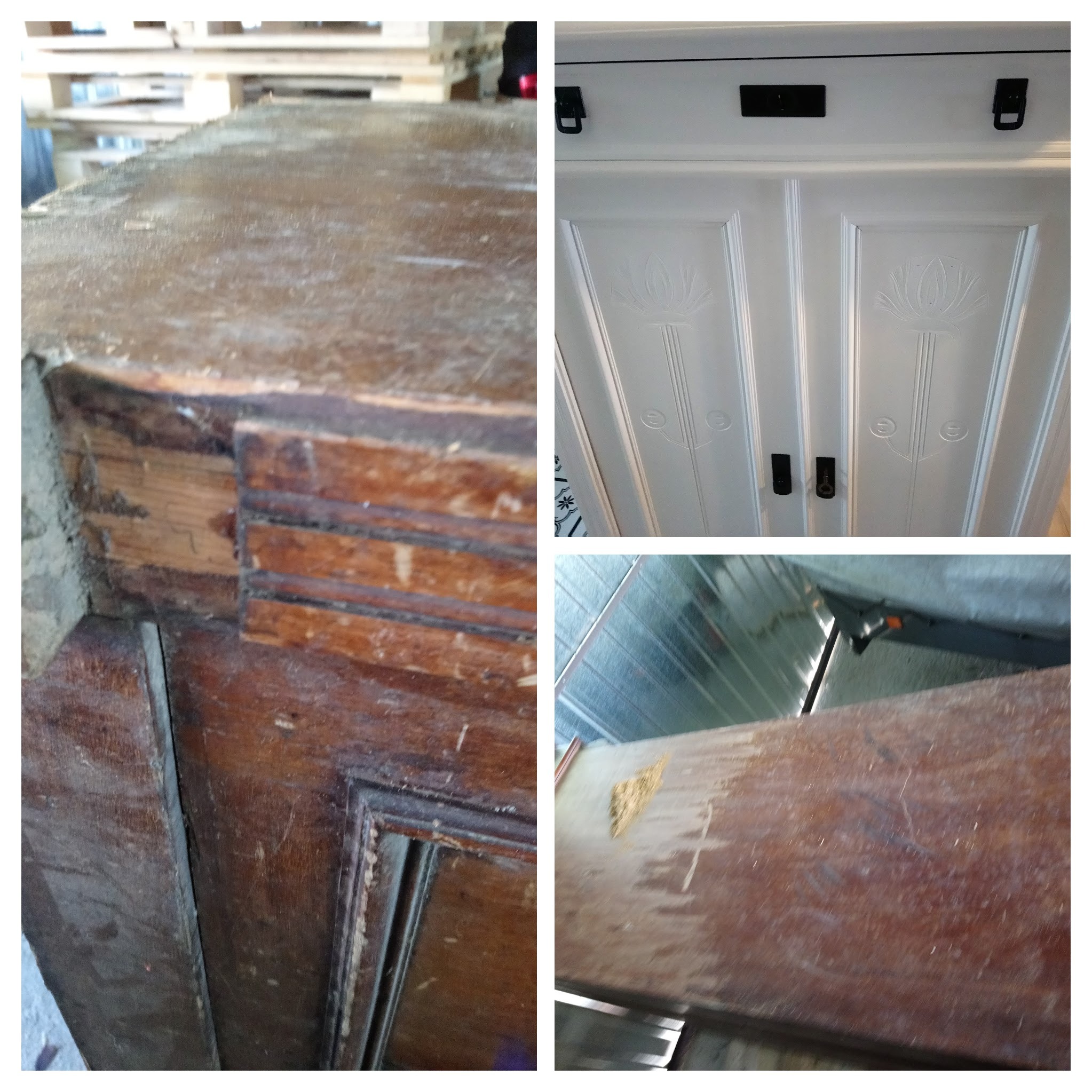 Kolaż: fragment zniszczonego, brązowego mebla z ubytkami, białe odnowione drzwi szafy z czarnymi uchwytami, fragment blatu mebla w trakcie renowacji.