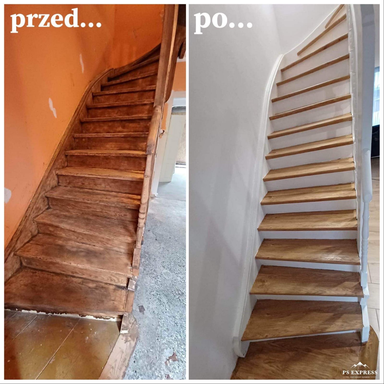 Renowacja schodów drewnianych: porównanie stanu przed i po. Odnowione stopnie z jasnego drewna i białe boki. Widoczne różnice w kolorystyce i wykończeniu.