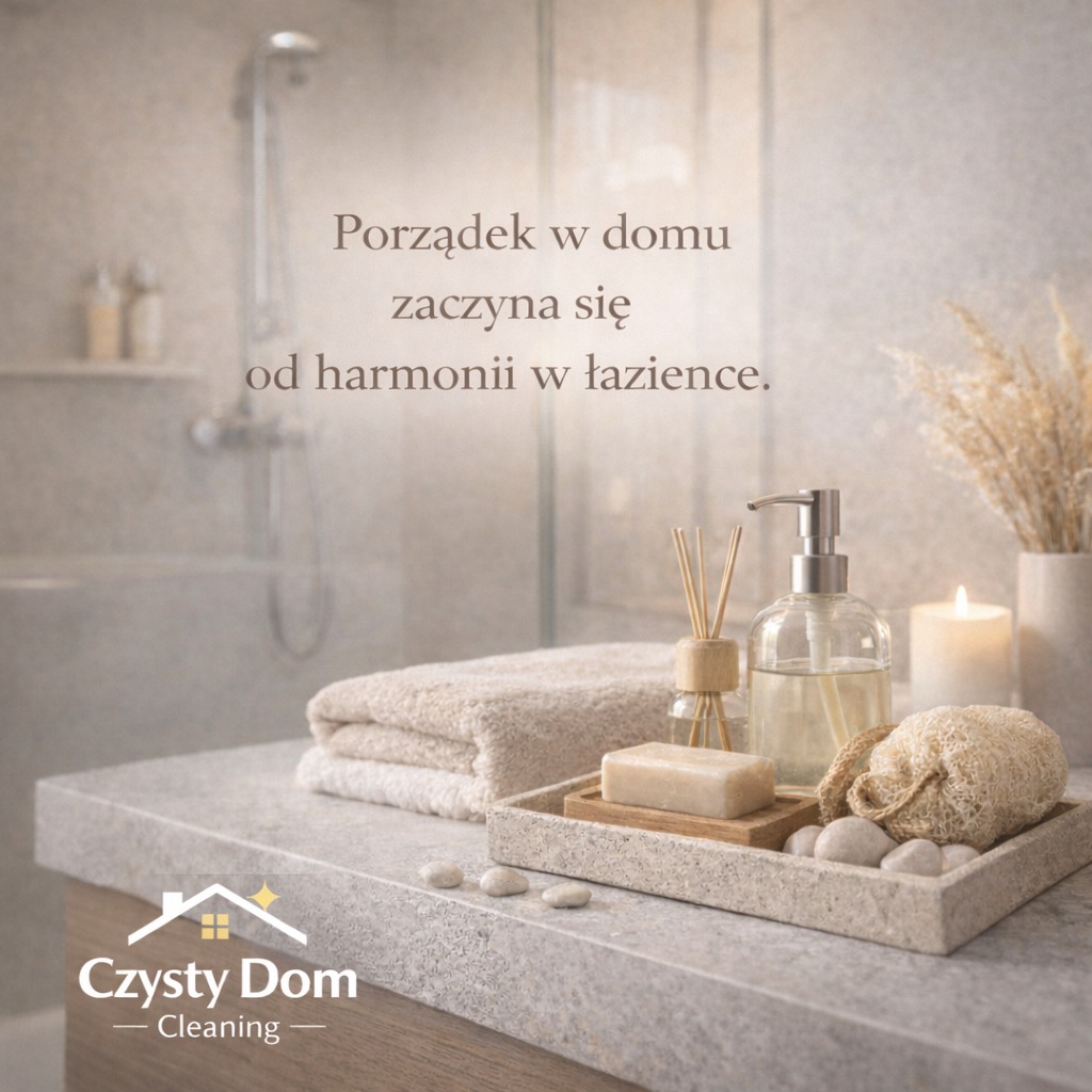 Uporządkowana łazienka w neutralnych barwach: ręczniki, mydło, dyfuzor zapachowy i świeca na blacie. W tle kabina prysznicowa. Całość w stonowanej kolorystyce.