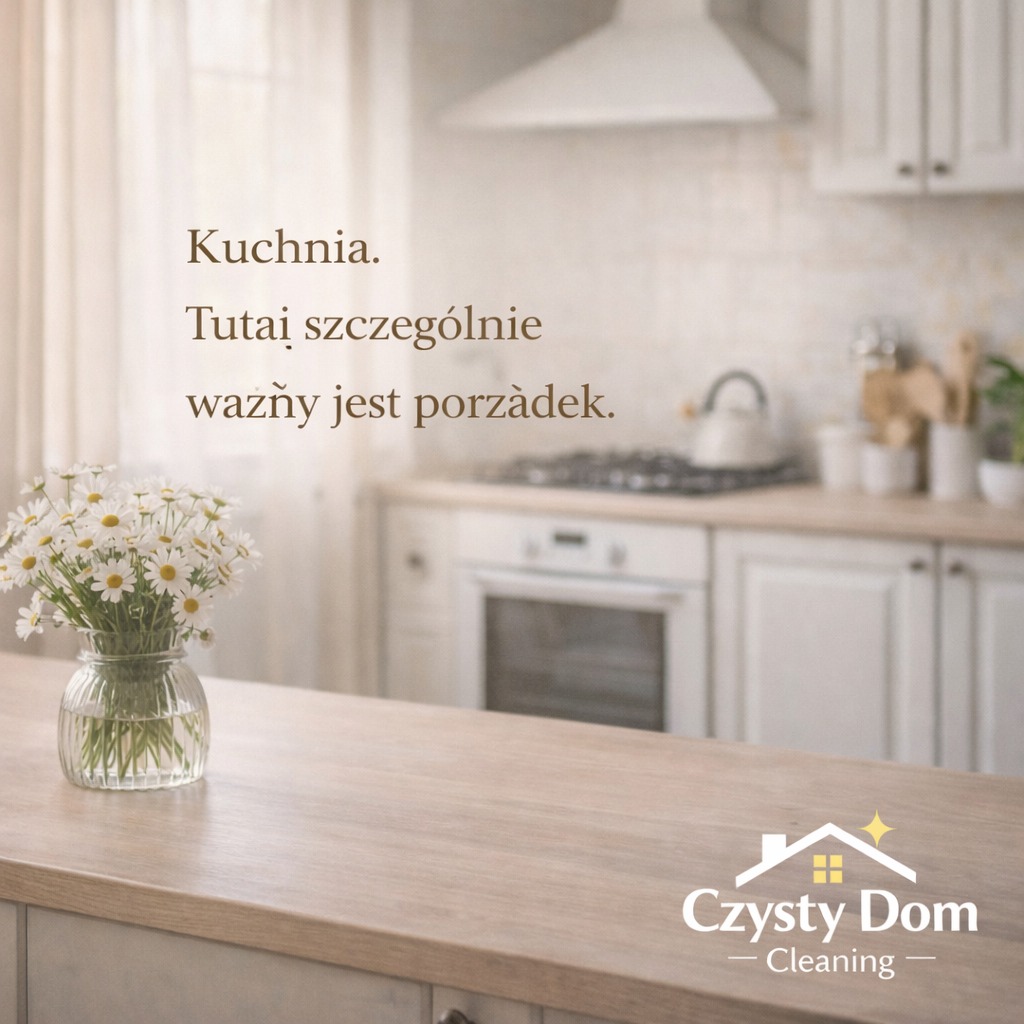 Jasna kuchnia z bukietem białych kwiatów w wazonie. Tekst: 'Kuchnia. Tutaj szczególnie ważny jest porządek.' Logo firmy sprzątającej w prawym dolnym rogu.