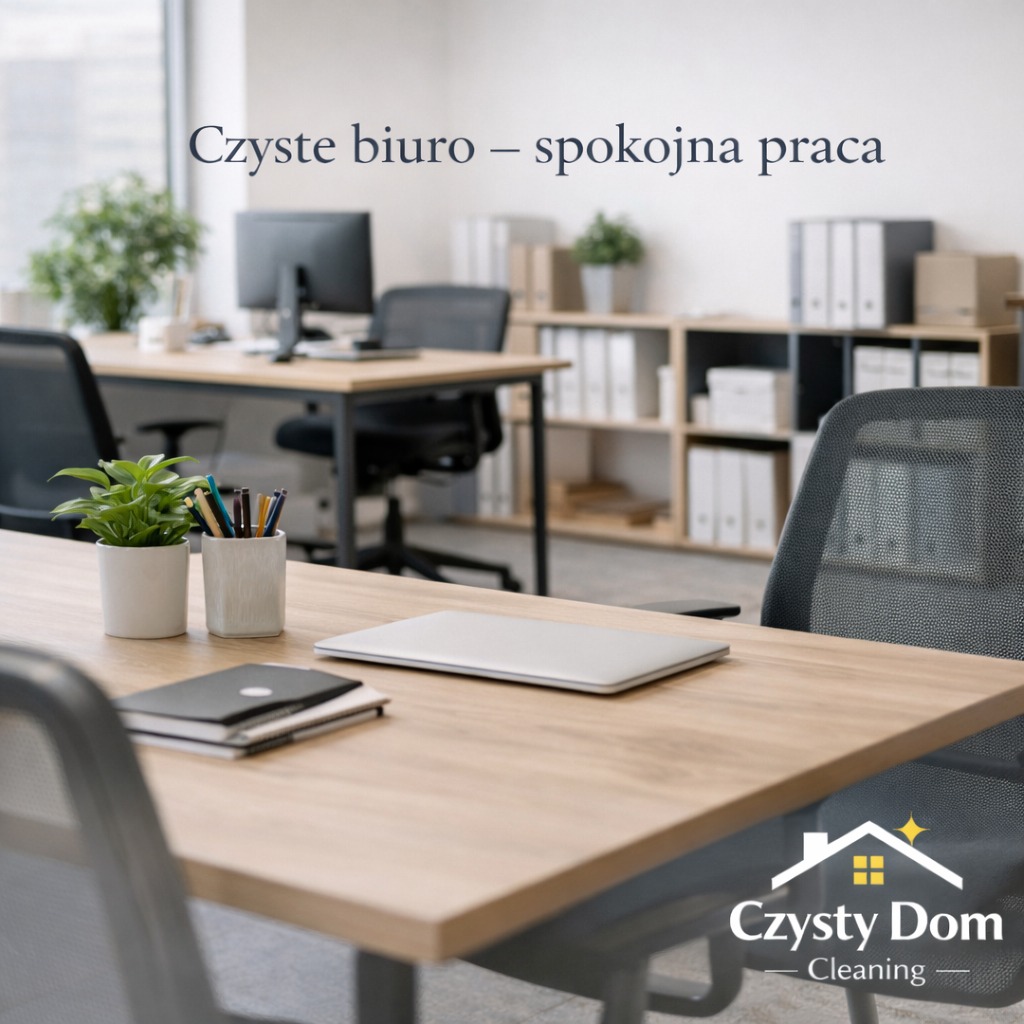 Czyste biuro z biurkami, krzesłami i roślinami w doniczkach. Na pierwszym planie biurko z laptopem i notatnikiem. W tle regał z segregatorami.