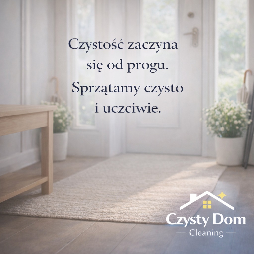 Jasny przedpokój z tekstem o czystości i logo firmy sprzątającej. Widoczny dywanik, szafka i drzwi wejściowe. Stonowana kolorystyka, promująca usługi sprzątania.