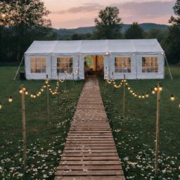 CJM EVENT - Biały namiot eventowy z oknami, oświetlony girlandami, z drewnianą ścieżką posypaną płatkami kwiatów, na tle zieleni i zachodzącego słońca.
