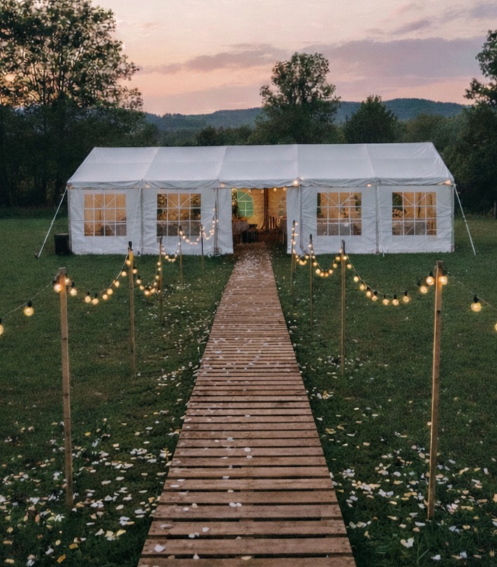 Biały namiot eventowy z oknami, oświetlony girlandami, z drewnianą ścieżką posypaną płatkami kwiatów, na tle zieleni i zachodzącego słońca.