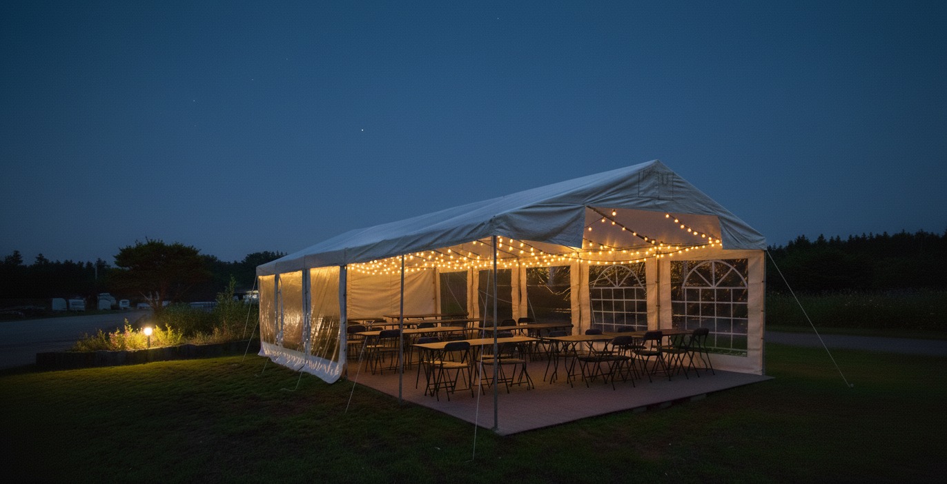 Oświetlony namiot bankietowy z przezroczystymi ścianami i rzędami stołów z krzesłami, ustawiony na trawniku o zmierzchu. Dekoracyjne lampki rozświetlają wnętrze.