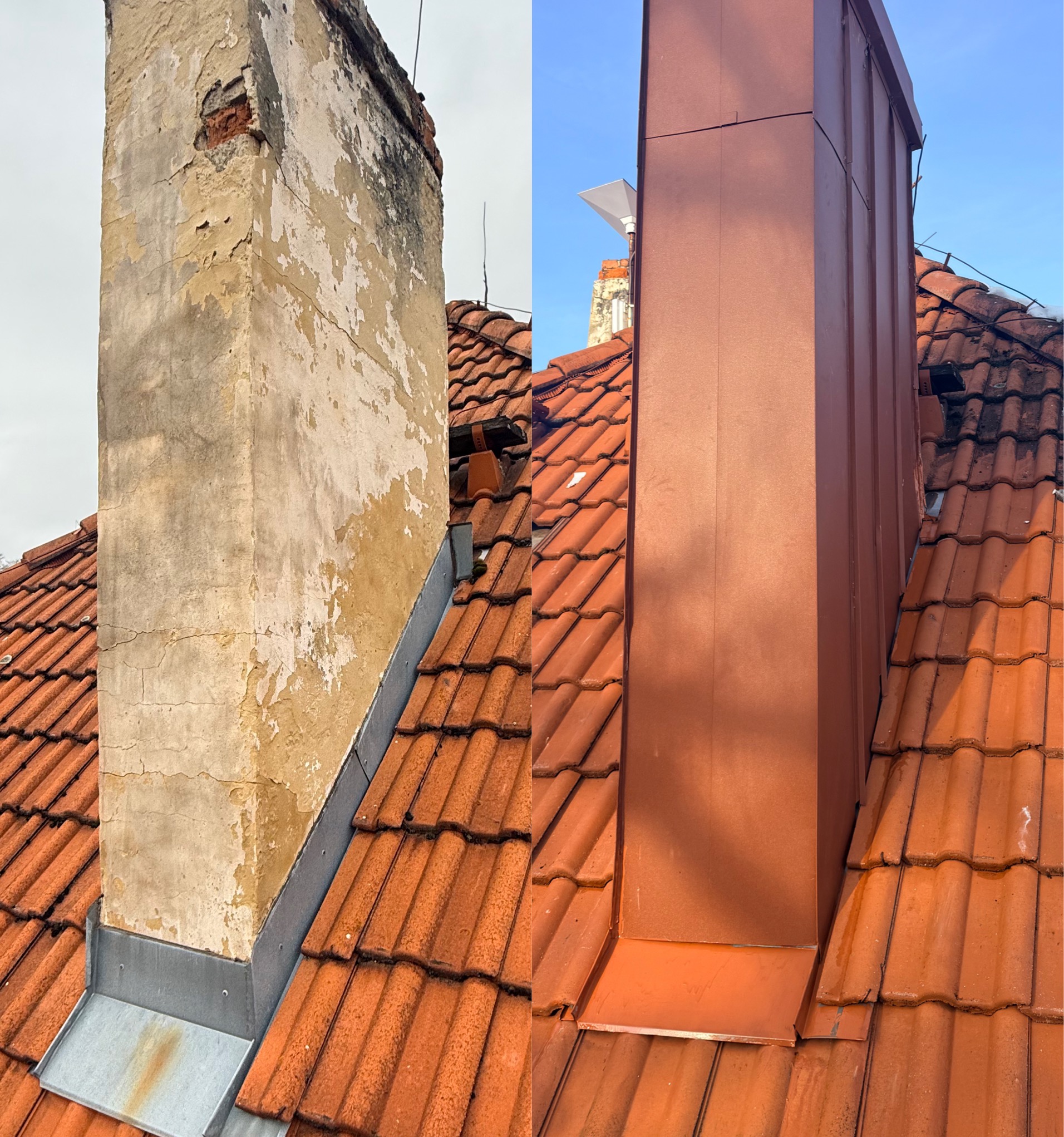Zdjęcie dachu z kominem w trybie 'przed i po': zniszczony komin po lewej i odnowiony, obłożony blachą komin po prawej stronie. Czerwona dachówka.