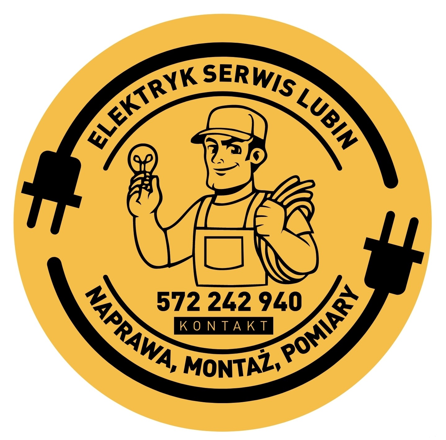 Żółte logo elektryka z Lubina: rysunek elektryka z żarówką, wtyczki, kable, numer telefonu i napisy: Elektryk Serwis Lubin, Naprawa, Montaż, Pomiary.