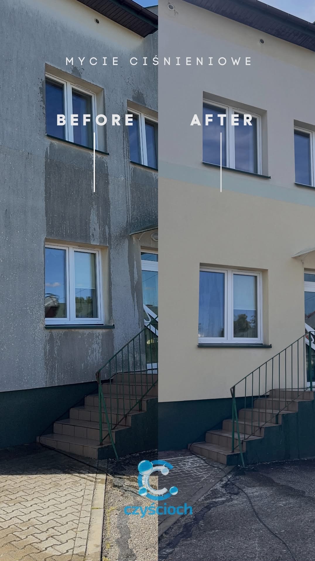Porównanie elewacji budynku przed i po czyszczeniu ciśnieniowym. Lewa strona brudna, prawa odświeżona, z widocznymi schodami i oknami. Efekt 'przed i po' z bliska.