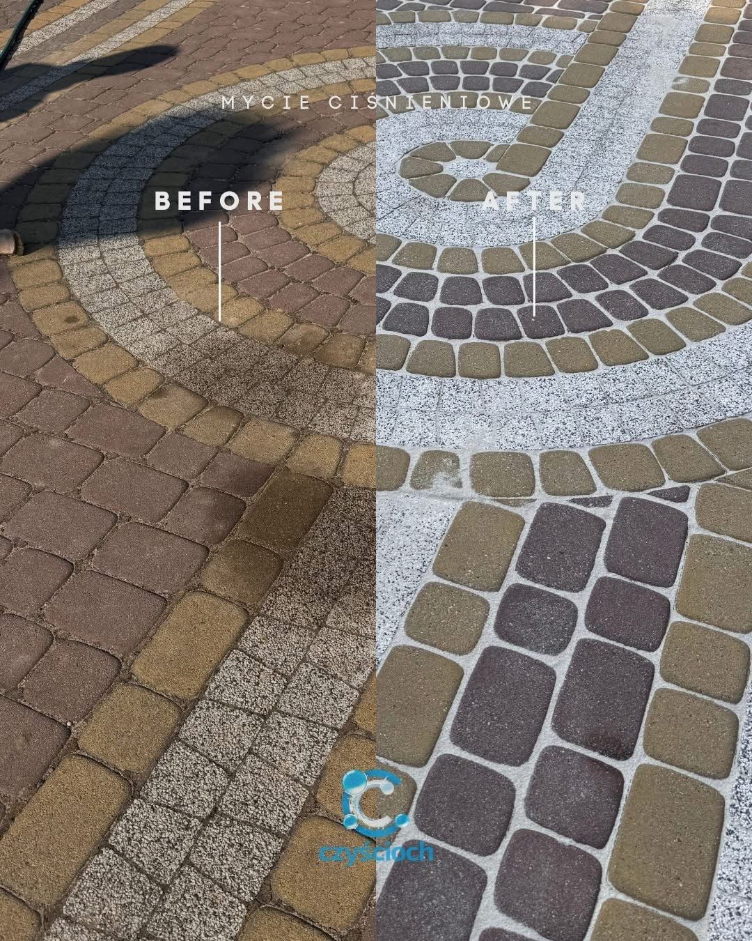 Kostka brukowa po czyszczeniu ciśnieniowym: widoczna różnica przed i po, z detalami wzoru i koloru kostki. Efekt mycia ciśnieniowego.