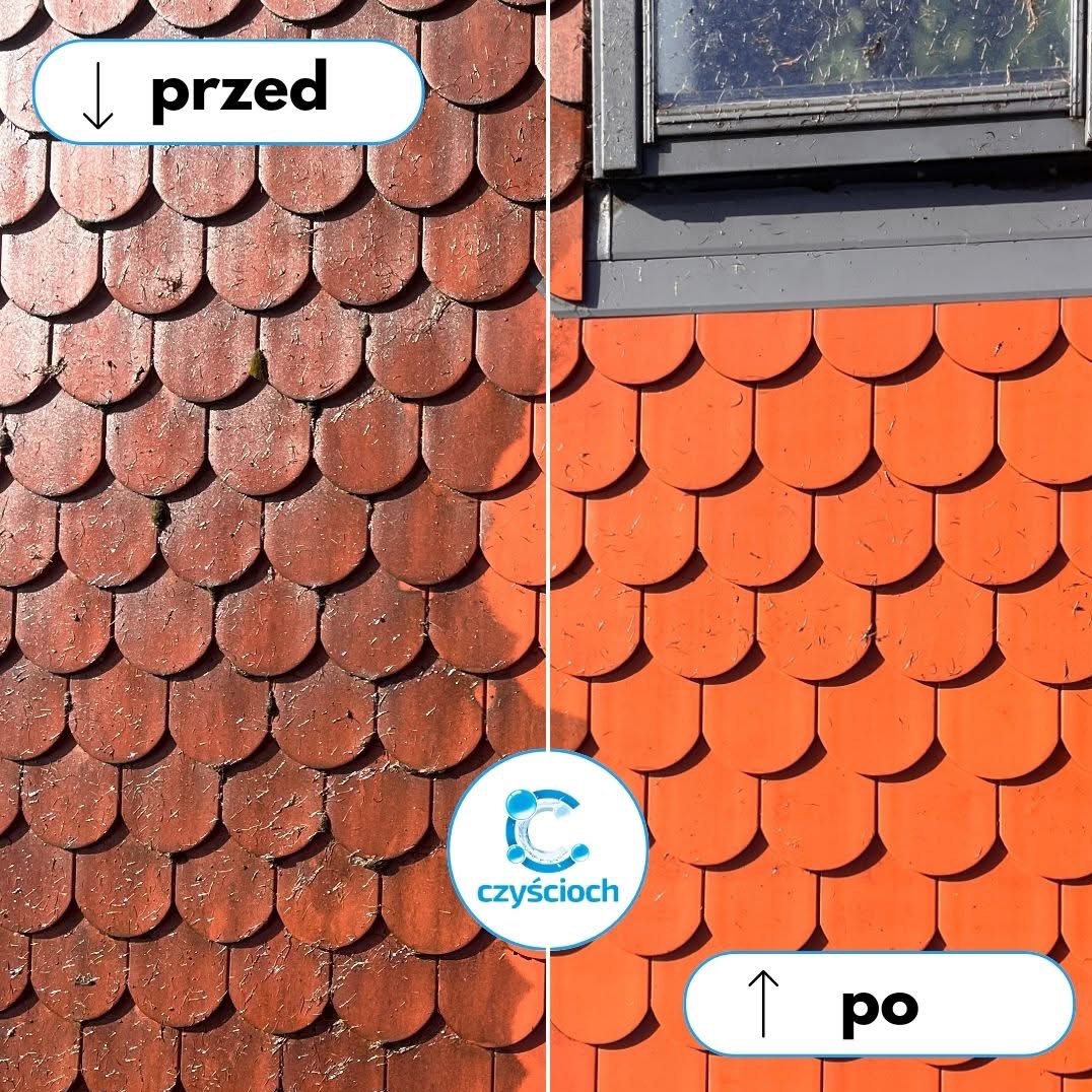 Efekt 'przed i po' czyszczenia dachu z dachówki bitumicznej, widoczny fragment okna dachowego. Po lewej brudna, po prawej czysta, pomarańczowa dachówka.