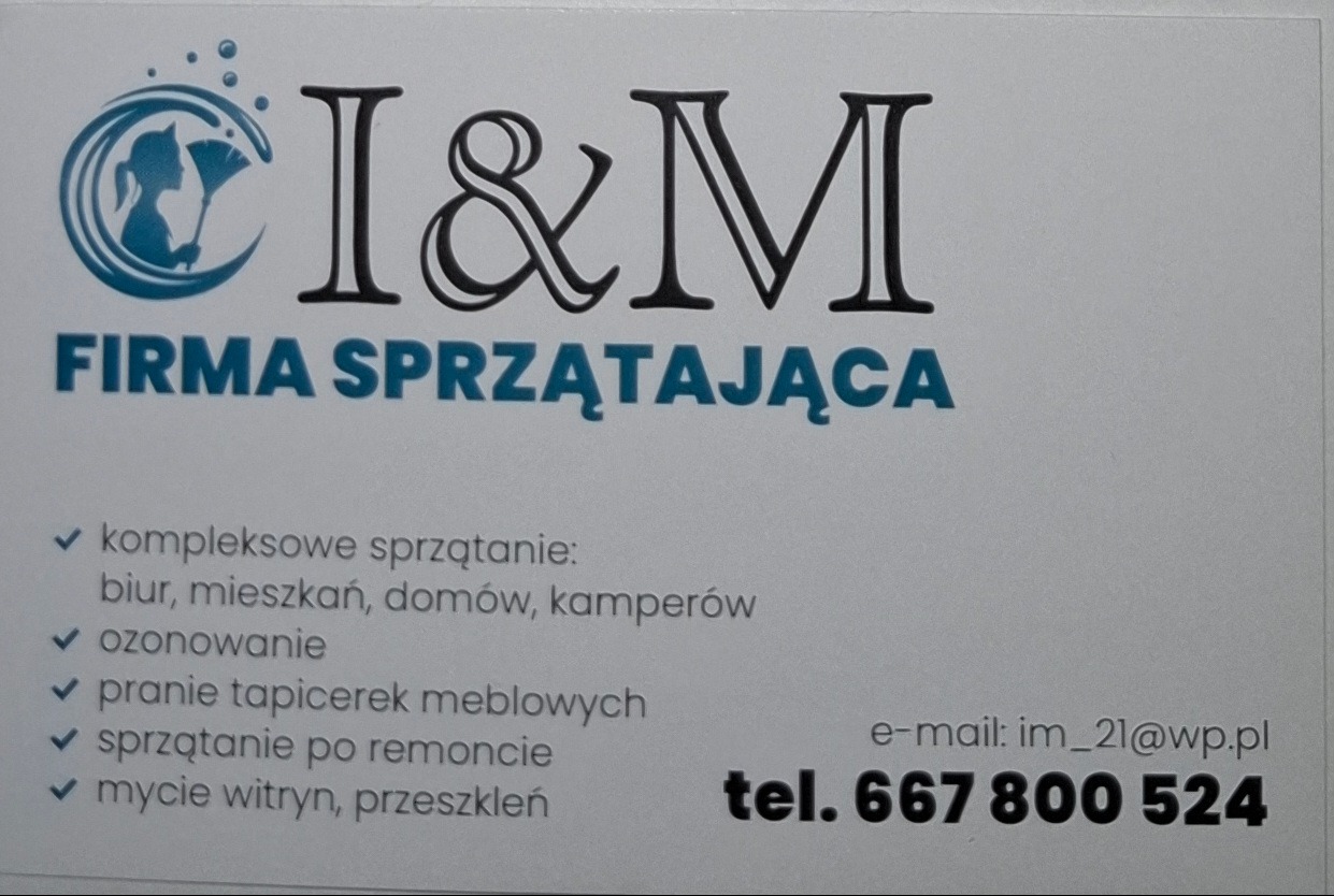 Wizytówka firmy sprzątającej I&M z Trzcianki. Oferta obejmuje kompleksowe sprzątanie biur, mieszkań, domów, kamperów, ozonowanie, pranie tapicerek i mycie witryn.