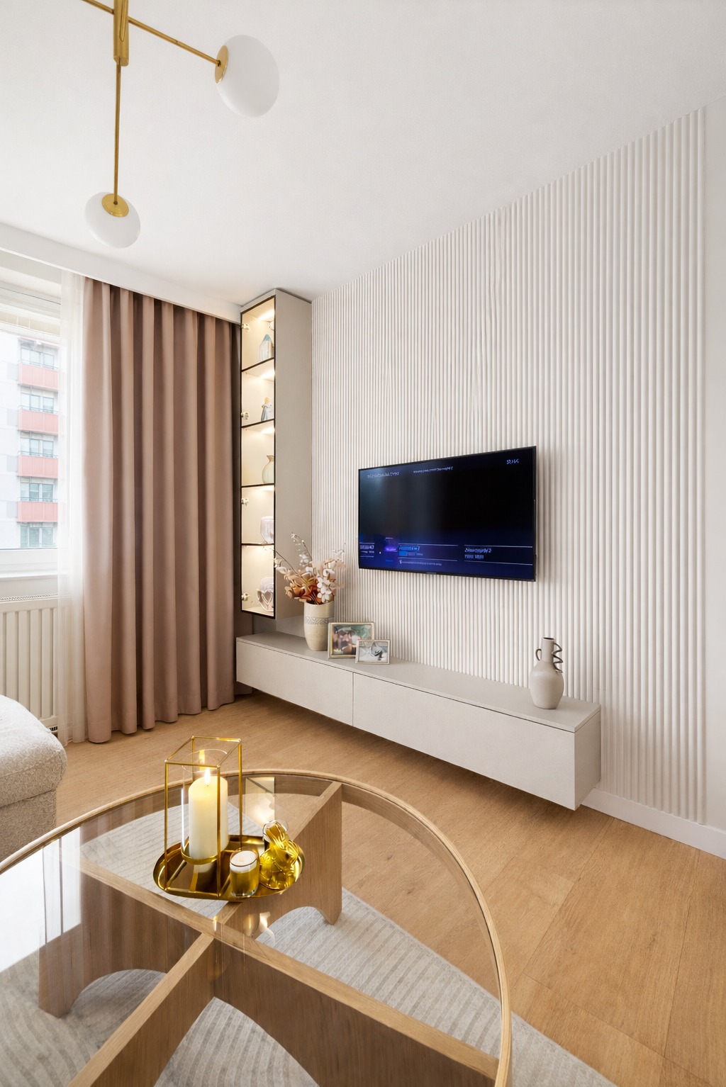 Nowoczesny salon z telewizorem na ścianie z dekoracyjnymi panelami, szklanym stolikiem kawowym i beżowymi zasłonami. Minimalistyczny design z akcentami złota.