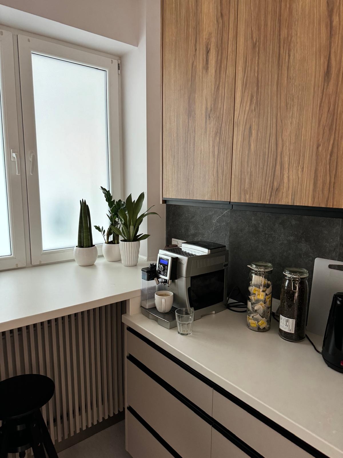 Nowoczesna kuchnia z drewnianymi szafkami, blatem i ekspresem do kawy. Na blacie rośliny doniczkowe przy oknie. Minimalistyczny design z akcentami natury.