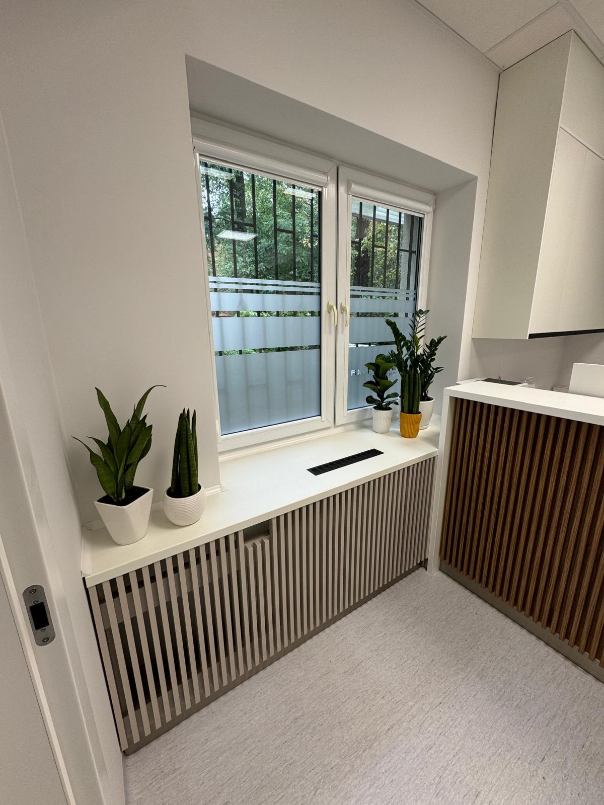 Biała zabudowa okienna z lamelami i roślinami doniczkowymi, widok z góry, minimalistyczny design, jasne wnętrze, okno z widokiem na zieleń.