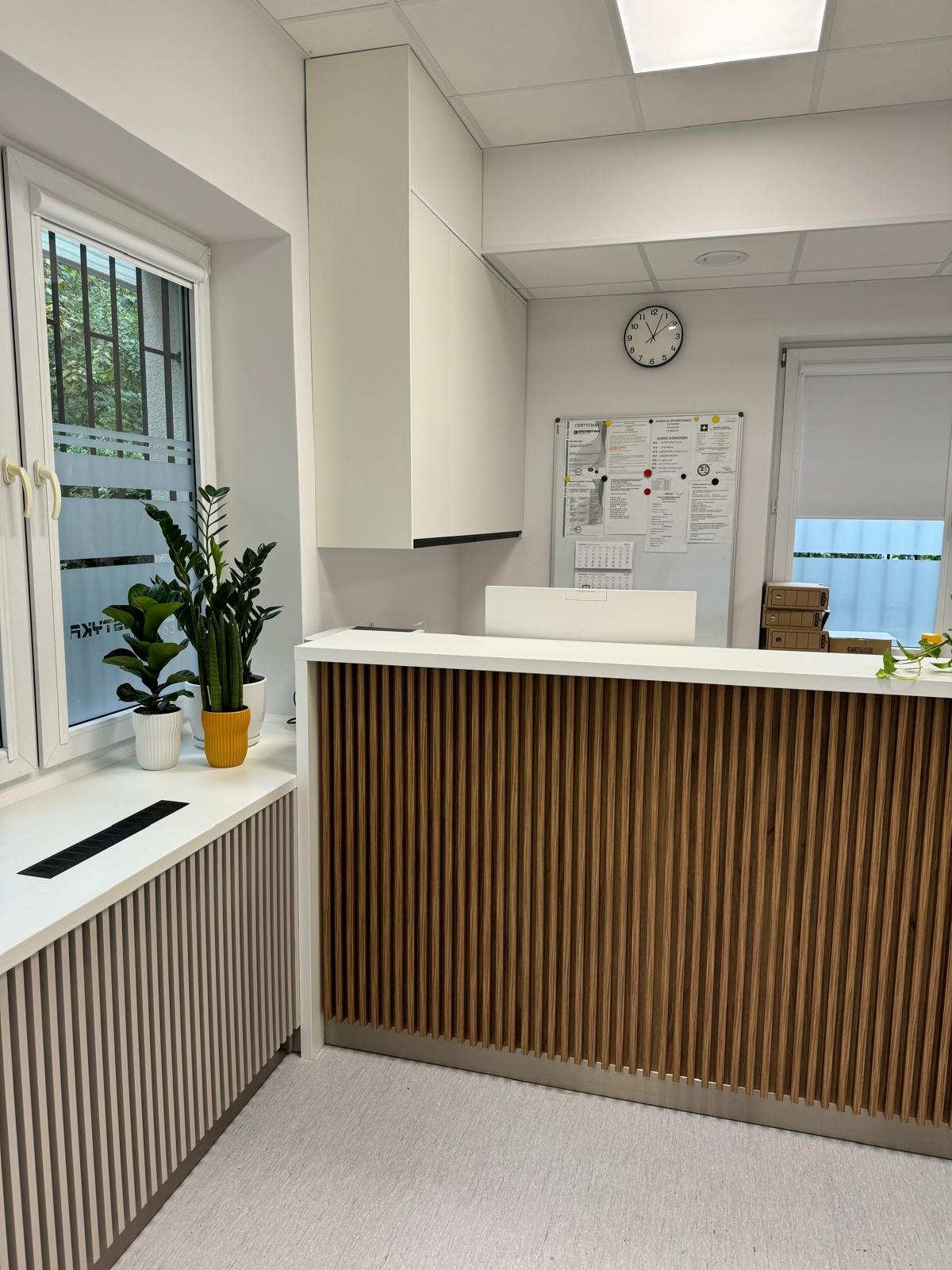 Recepcja z drewnianymi lamelami i białym blatem, uzupełniona o rośliny doniczkowe przy oknie. Minimalistyczny design, jasne wnętrze z zegarem na ścianie.