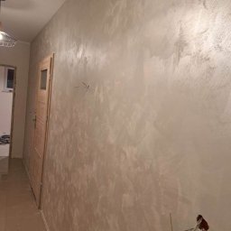 Jakub Krzywański - Ściana po dekoracyjnym malowaniu w odcieniach beżu i srebra, widoczne kable elektryczne wystające ze ściany, drzwi z ościeżnicą. Wykończenie wnętrza.